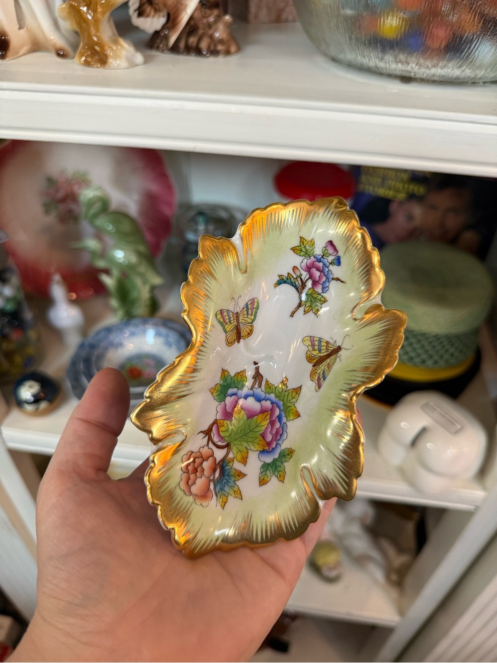 Herend Hungary Floral Butterfly Porcelain Trinket Dish with Gold Trim